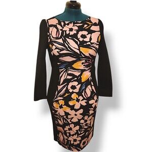 Gyalwana Floral Print Front Panel, Black Side and Back Career Dress  M